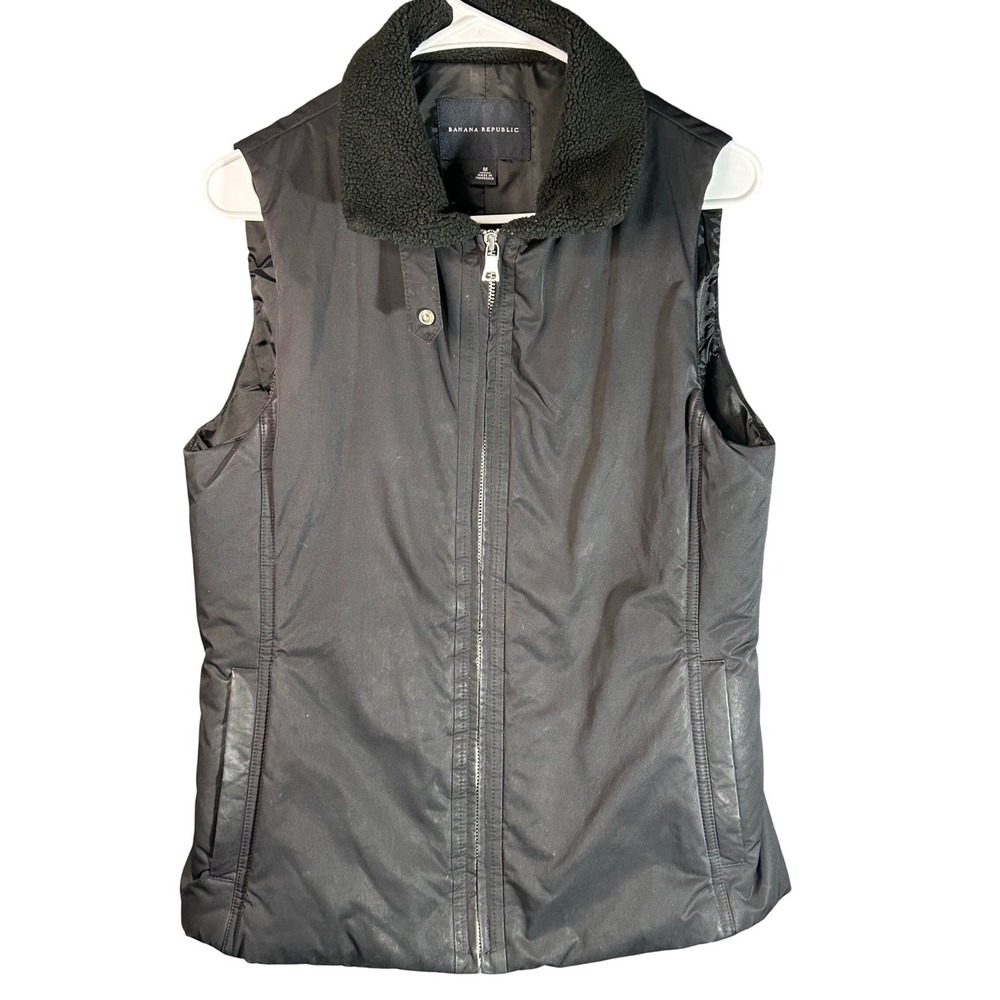 Banana Republic Womens Black Puffer Vest Faux‎ Shearling Collar Size M 803028